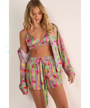 Satin Fruit Stripe Oversized Shirt and Bralet Shorts Pajama Set