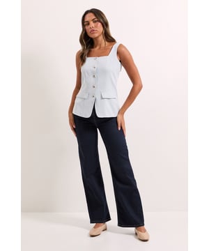 Sleek longline waistcoat with elegant square neckline
        Stylish button-through front with decorative metallic buttons
        Practical front patch pockets for added functionality
        Flattering regular fit with structured woven fabric
        Versatile sleeveless design perfect for layering
    
    This sophisticated longline waistcoat from Dorothy Perkins offers endless styling possibilities for your daywear wardrobe. The structured silhouette creates a polished look while maintaining comfort for all-day wear. Style with dark denim trousers and ballet flats for weekend brunches with friends, or layer over a fitted long-sleeve top when meeting for coffee. The versatile design works beautifully with both casual and smart-casual ensembles-pair with wide-leg trousers and minimal jewellery for family gatherings, or throw over a simple tee with trainers for a contemporary twist on everyday style. The square neckline frames the dcolletage beautifully without revealing too much, making this waistcoat the perfect choice for the fashion-conscious woman who values both trend and tasteful coverage.