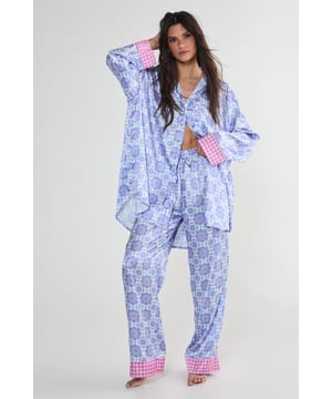 Satin Tile Print Border Oversized Pajama Pants Set