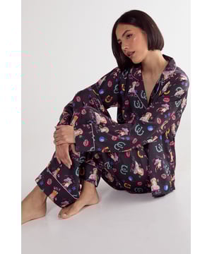 Satin Western Conversational Contrast Piped Pajama Pants Set