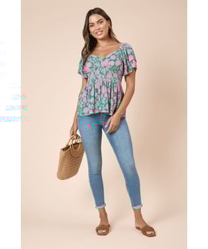 Floral Double Frill Sleeve Peplum Top