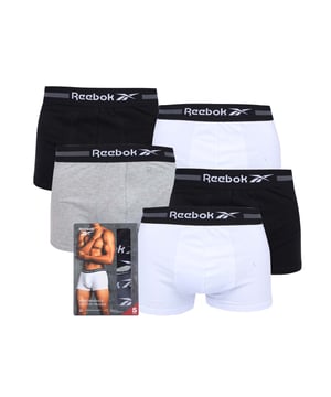 Mens Reebok 5 Pack of Sports Trunks in black.- Elasticated logo waistband.- Constructed from a soft cotton-stretch blend.- Moisture Wicking.- 57% Cotton  38% Polyester  5% Elastane.- Waist:S = 30-32inM = 33-35inL = 36-38inXL = 39-41in- Ref: U515013RBK5PKA