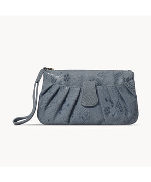 The 'Darcy' is handcrafted with soft and supple snake print leather chosen to fit the pleated style perfectly and to achieve a sophisticated look. This leather wristlet purse features a metal zip top closure which opens to fully lined branded interiors. It also has an additional slip pocket behind the pleated design which is also secured with a tab over magnetic leather loop. The extremely lightweight 'Darcy' is the perfect pouch which fits easily into any bag. 