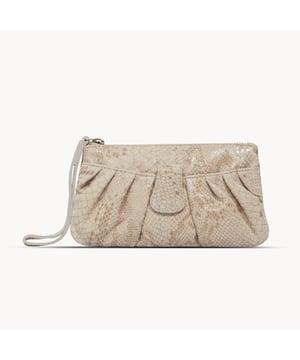 The 'Darcy' is handcrafted with soft and supple snake print leather chosen to fit the pleated style perfectly and to achieve a sophisticated look. This leather wristlet purse features a metal zip top closure which opens to fully lined branded interiors. It also has an additional slip pocket behind the pleated design which is also secured with a tab over magnetic leather loop. The extremely lightweight 'Darcy' is the perfect pouch which fits easily into any bag. 
