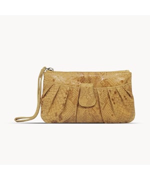 The 'Darcy' is handcrafted with soft and supple snake print leather chosen to fit the pleated style perfectly and to achieve a sophisticated look. This leather wristlet purse features a metal zip top closure which opens to fully lined branded interiors. It also has an additional slip pocket behind the pleated design which is also secured with a tab over magnetic leather loop. The extremely lightweight 'Darcy' is the perfect pouch which fits easily into any bag. 