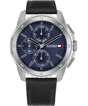 Tommy Hilfiger 1710619 - Herrenuhr Quarz aus Edelstahl&bull; Material: Edelstahl&bull; Glas: Mineral&bull; Armband: Leder&bull; Farbe: Grau&bull; Wasserbeständigkeit: 50 m (5 ATM)&bull; Geh&auml;usegr&ouml;&szlig;e: 46 mm