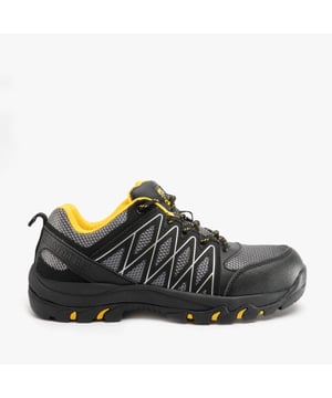 Unisex safety trainers feature a mesh upper, textile lining, and rubber sole with slip resistance. Designed for comfort and safety, they include a metal toe cap and anti-penetration mid sole