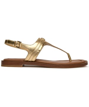 Elevate your summer style with the Michael Kors Mandy Thong sandals. These luxurious flip flops feature a sleek metallic finish that adds a touch of glamour to any casual outfit. Crafted with a premium leather upper, they offer both comfort and durability for all-day wear. The robust rubber sole provides reliable traction whether you're strolling along the beach or navigating city streets. A perfect blend of sophistication and practicality for the fashion-conscious woman.