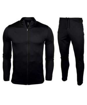 Experience comfort and style with the Nike All Black Zip Up Tracksuit Set, crafted from 100% polyester for durability and a sleek look. This men's set features a full zip fastening and a funnel neck for adjustable coverage. The zip top includes two front pockets and the iconic Nike Swoosh logo on the chest, while the joggers offer an elasticated waistband with drawstring and zippered front pockets for secure storage. Elasticated cuffs on both pieces ensure a snug fit, making this tracksuit perfect for workouts or casual wear. Elevate your activewear wardrobe with this versatile and functional set