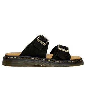 The Dr Martens Josef brings the brand's rebellious DNA to warm-weather footwear with bold confidence. Crafted from rich black suede, these slides feature the iconic twin buckle design that's both functional and unmistakably DM. The signature AirWair sole delivers the comfort and durability you expect, while side-stitched construction ensures these sandals can handle whatever your summer throws at them.