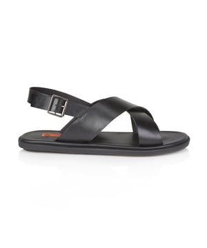 Leather open-toe men's sandals with a textile lining, rubber sole, slip-on closure, lightweight design, and flat heel, ideal for casual wear and comfort