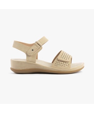 These casual open-toe sandals feature a textile upper, rubber sole, wedge heel, and touch fasten closure, offering lightweight comfort for everyday wear