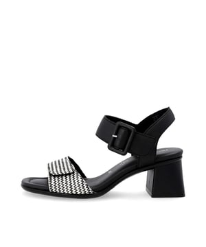 These women's open-toe sandals feature a leather upper, textile lining, synthetic sole, and a comfortable block heel. Ideal for casual wear with breathable design and relaxed fit
