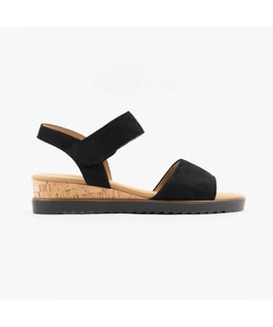 These women's open-toe wedge sandals feature a suede upper, textile lining, rubber sole, and a touch fasten closure, offering comfort and lightweight wear for casual occasions