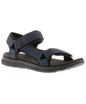 Upper textile with synthetic lining and sole, open toe design, touch fasten closure, relaxed width, flat heel, and comfort features make these men's casual sandals ideal for everyday wear