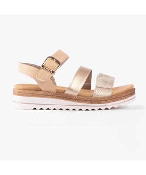 These women's open-toe wedge sandals feature faux leather uppers, breathable lining, and a comfortable relaxed fit. Ideal for casual wear with a low heel and buckle closure