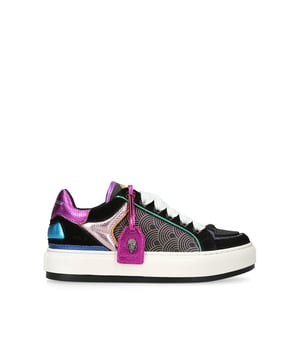 The Kurt Geiger Southbank Tag sneaker features a black upper with rainbow print across the sides. There are multi-colour metallic laminated pebble grain cow leather panels across the shoe as well as tag with antiqued silver eagle head. Sole height: 3.5cm.