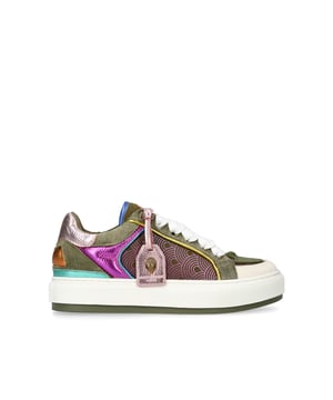 The Southbank Tag sneaker features an olive green upper with blue rainbow print across the sides. There are multi-colour metallic laminated pebble grain cow leather panels across the shoe as well as tag with antiqued brass eagle head. Sole height: 3.5cm.