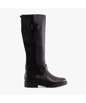 These knee-high tall boots feature a leather upper, fleece lining, and rubber sole for warmth and comfort. Ideal for casual wear in cold weather