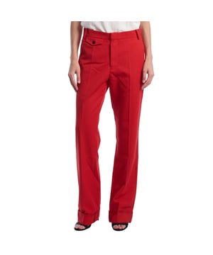 Zadig & Voltaire tailored trousers with turned-up hems and flap pockets.\n\n These straight-leg trousers from Zadig & Voltaire stand out for their structured design and sophisticated aesthetic. Featuring pronounced front pleats, a turned-up hem, and a decorative buttoned flap pocket on the front, they add a modern twist to the classic tailored style. Ideal for office looks or distinctive urban ensembles.\n\n A versatile dress pant that combines formality and contemporary style, perfect for elevating any outfit with a polished look.\n\n Details:\n - Garment type: Straight tailored trousers.\n - Material: Structured fabric with body.\n - Style: Turn-up hem, front darts.\n - Pockets: Buttoned flap pocket on the front; decorative back pockets.\n - Closure: Concealed zipper with double metal hook.\n\n This Zadig & Voltaire design fuses structure and style in these timeless women's trousers, ideal for making a statement with elegance and character.\n Composition: 55% Polyester, 45% Virgin Wool\n Care:\nHand wash cold or on a delicate cycle (max. 30°C).\n Do not use bleach or whiteners.\n Do not tumble dry.\n Iron at low temperature, preferably inside out.