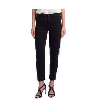 Jeans with metallic side stripe and frayed hem.\n\n These Zadig & Voltaire jeans stand out for their modern design with a shiny touch. Their mid-rise, straight cut is complemented by a metallic-finish side band that runs along both legs, providing a casual yet distinctive style. The frayed hem adds an urban touch, while the structured denim construction ensures comfort and shape.\n\n Details:\n - Garment type: Straight-leg jeans.\n - Material: Denim with firm structure.\n - Style: Metallic side band, frayed hem.\n - Pockets: Five jean-style pockets.\n - Closure: Zipper and front metal button.\n\n This Zadig & Voltaire design combines urban style with glam, ideal for those looking to make a statement without sacrificing comfort.\n Composition: 98% Cotton, 2% Elastane\n Care:\nHand wash in cold water inside out.\n Do not use bleach or whiteners.\n Do not tumble dry.\n Iron at a low temperature, avoiding the metallic band.