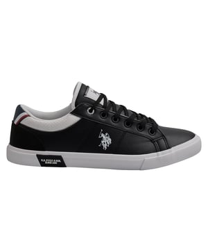 Inspired by the tradition of sport, designed for urban style.\n\n The US POLO ASSN. sneakers offer a clean design that pairs perfectly with any athletic outfit.\n The faux leather upper adds style and structure, while the non-slip rubber sole ensures a secure footing. They feature the brand's logo on the side and contrasting details for a distinctive finish.\n\n Details:\n - Upper in smooth, durable and easy-care synthetic leather.\n - Contrast padded collar with mesh texture for added comfort.\n - Lace-up closure with metal eyelets for a secure fit.\n - US Polo Assn. institutional logo on the side, tongue, and sole.\n - White vulcanized rubber sole with reinforced toe and branded side detail.\n\n A sporty offering that combines functionality and style. Perfect for those seeking everyday performance with a modern and recognizable design.\n Composition: Exterior: Synthetic leather, Interior: Textile; Sole: Synthetic\n Care:\nClean with a soft brush and neutral soap.\n Avoid machine washing.\n Air dry, away from direct sunlight.