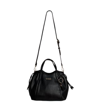 The Guess satchel combines sophistication and functionality in a timelessly elegant silhouette. Its structured design with top handles and an adjustable strap makes it a versatile everyday option. The metallic logo charm and thoughtful details complete a piece that adds distinction to any look.\n\n - Accessory type: Satchel bag.\n - Material: Synthetic leather-like material.\n - Texture: Granular.\n - Hardware: Silver-tone metal.\n - Exterior details: Front metal logo and decorative pendant with Guess charm.\n - Interior details: Main compartment with zipper closure and organizing pockets.\n - Rigid top handles.\n - Adjustable and removable strap for shoulder or cross-body carrying.\n\n Guess focuses on designs that stand out for their balance of style and utility. This satchel is the perfect option for those looking for a refined, spacious, and comfortable piece to elegantly accompany their days.\n Measures: 34 x 21 x 11 cm\n Composition: 100% Polyurethane\n Care:\nClean with a soft, slightly damp cloth.\n Do not use abrasive products or detergents.\n Avoid prolonged exposure to the sun or extreme humidity.