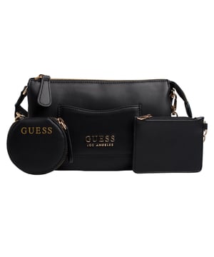 Deze schoudertas van Guess maakt indruk met zijn compacte en functionele ontwerp - perfect om elke dag te dragen. Hij is gemaakt van kunstleer en heeft metallic details en afneembare accessoires die de urban stijl benadrukken. Dankzij het praktische ontwerp met ruime binnen- en buitenvakken is hij ideaal om alles binnen handbereik te houden. De verstelbare riem zorgt voor een veelzijdige pasvorm, zowel over de schouder als over het lichaam.\n\n - Type accessoire: Schoudertas.\n - Materiaal: Synthetisch, leerachtig materiaal.\n - Textuur: Glad.\n - Hardware: Goudkleurig metaal.\n - Details buitenkant: Voorvak met metalen Guess-plaatje.\n - Verdere details: Rond muntzakje met ritssluiting en afneembare kaarthouder.\n - Details interieur: Hoofdvak met ritssluiting, 3 open vakken, 1 ritsvak, 2 kaartsleuven.\n - Verstelbare brede riem.\n\n In elk ontwerp combineert Guess zijn kenmerkende essentie met een moderne, onmiskenbare stijl. Deze damesschoudertas weerspiegelt de stedelijke en functionele stijl van het merk: een perfecte mix van mode en functionaliteit, ideaal om je te vergezellen op al je reizen met een opvallende touch.\n Afmetingen: Tas: 21,5 x 14 x 7 cm; Platte tas: 11 x 8 cm; Ronde tas: 8,7 x 8 x 2 cm\n Samenstelling: 100% polyurethaan\n Onderhoud:\nSchoonmaken met een zachte, licht vochtige doek.\n Gebruik geen schurende schoonmaakmiddelen of detergenten.\n Vermijd langdurige blootstelling aan zonlicht of extreme vochtigheid.