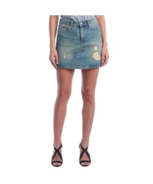 Zadig & Voltaire denim miniskirt with worn effect.\n\n Zadig & Voltaire reinterprets the denim miniskirt with a structured design and frayed details. Crafted from high-quality denim, it features a straight cut with a distressed effect and a raw hem, giving it a casual, urban feel. Its belt loop waist and five-point pockets maintain the classic jean style, updated with the brand's rebellious signature.\n\n A versatile and modern skirt, ideal for daytime looks with attitude or relaxed styles with a rock touch.\n\n Details:\n - Type of garment: Miniskirt.\n - Material: Durable denim.\n - Style: Five pockets, distressed effect.\n - Print: Plain with distressed details.\n - Closure: Zipper with metal button.\n\n This Zadig & Voltaire miniskirt combines casual style and character in a single piece. Perfect for layering with personality season after season.\n Composition: 100% Cotton\n Care:\nMachine wash at a maximum of 30°C, gentle cycle.\n Do not use bleach.\n Iron at low temperature if necessary.