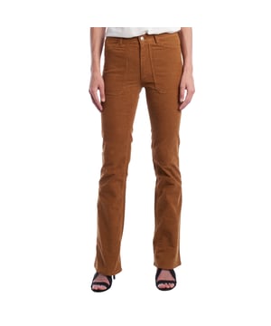 Corduroy flared trousers with front patch pockets\n\n These flared pants combine the warmth of corduroy with a flattering, functional fit. The design features roomy front patch pockets, back patch pockets, and a decorative side buckle detail for a utilitarian touch. The thick corduroy fabric enhances the structure of the pants, while the flared cut streamlines the silhouette.\n\n Perfect for fall looks with ankle boots or to elevate a casual outfit with heels.\n\n Details:\n - Garment type: Flared trousers.\n - Material: Cotton corduroy with elastane.\n - Closure: Zipper with flap and button.\n - Pockets: Front patch pockets and back patch pockets.\n - Style: Modern retro, ideal for mid-season.\n\n A must-have corduroy flare pant to add texture and character to your everyday looks, with a cut that visually lengthens your legs and fits comfortably.\n Composition: 98% Cotton, 2% Elastane\n Care:\nMachine wash cold with similar colors. Do not bleach. Iron inside out at low temperature. Do not tumble dry.