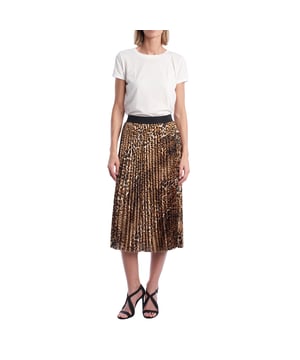 This Zadig & Voltaire skirt features a flattering midi length and a pleated structure that lends dynamism and fluidity to your walk. The leopard print, in warm tones, stands out for its intensity and provides a wild and sophisticated aesthetic. The contrasting black elastic waistband ensures a comfortable and streamlined fit.\n\n Details:\n\n - Cut: Pleated midi.\n - Print: Leopard.\n - Waist: Contrast elastic.\n - Fabric: Lightweight and drapes well.\n - Style: Urban with wild inspiration.\n\n A midi skirt ideal for elevating any casual look with a touch of feline personality and vibrant character.\n Composition: 100% Polyester\n Care:\nHand wash in cold water or on a delicate cycle.\n Do not use bleach or whiteners.\n Do not tumble dry.