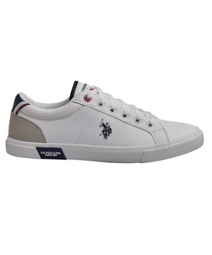 Inspired by the tradition of sport, designed for urban style.\n\n The US POLO ASSN. sneakers offer a clean design that pairs perfectly with any athletic outfit.\n The faux leather upper adds style and structure, while the non-slip rubber sole ensures a secure footing. They feature the brand's logo on the side and contrasting details for a distinctive finish.\n\n Details:\n - Upper in smooth, durable and easy-care synthetic leather.\n - Contrast padded collar with mesh texture for added comfort.\n - Lace-up closure with metal eyelets for a secure fit.\n - US Polo Assn. institutional logo on the side, tongue, and sole.\n - White vulcanized rubber sole with reinforced toe and branded side detail.\n\n A sporty offering that combines functionality and style. Perfect for those seeking everyday performance with a modern and recognizable design.\n Composition: Exterior: Synthetic leather, Interior: Textile; Sole: Synthetic\n Care:\nClean with a soft brush and neutral soap.\n Avoid machine washing.\n Air dry, away from direct sunlight.
