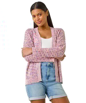 Textured V-Neck Knit Shrug from Roman. Add a touch of elegance to your Spring Summer wardrobe with this textured knit shrug. Designed with a flattering v-neck and long sleeves, this piece is crafted from a mix of soft knitted fabrics that create a textured finish. The edge opening creates a versatile look, perfect for layering over your favourite shirt and jeggings with flats for a comfortable outfit perfect for cool evenings!