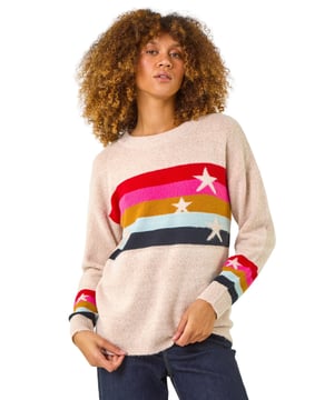 Star & Stripe Knitted Jumper from Roman. Embrace the Autumn vibes in this charming star and stripe knit jumper. Crafted from a soft handfeel yarn, this jumper features a crew neck and snug long sleeves. The playful star and stripe pattern adds a fun twist to your wardrobe. Pair with your favourite jeans and ankle boots for a stylish and comfy everyday look!