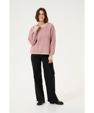 Deze ontspannen gestreepte pullover is een must-have voor je garderobe. Met lange mouwen en een tijdloze kleur is hij zowel comfortabel als veelzijdig. Perfect voor dagelijks gebruik, waar hij makkelijk te combineren is met zowel jeans als rokken, en de zachte stof maakt hem ideaal voor koelere dagen.  Extra fijne was 30°, niet bleken, niet in de droger drogen, Liggend laten drogen in de schaduw, koud strijken max. 110° C, Droogreiniging  38% Acryl,35% Polyester (Gerecycled),18% Nylon,6% Wol (gecertificeerd),3% Elastaan