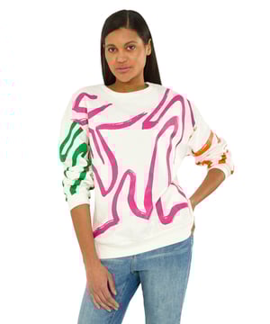 Abstract Print Sweatshirt from Roman. Add a pop of colour to your wardrobe with this abstract print sweatshirt. Perfect for the Spring/Summer season, this jersey sweatshirt features a round neckline and long sleeves, finishing at the hip for a flattering fit. Pair this vibrant piece with jeans and sandals for an effortless and casual look that will elevate your style!