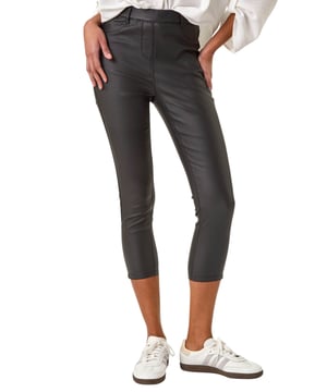 Metallic Coated Crop Jeggings from Roman. Take your style to the next level with these metallic coated crop jeggings. This smart pair is adorned with essential front and back pockets featuring functional belt loops for a practical edge. The jeggings are cut in a fitting shape, crafted from stretch woven fabric for all-day comfort. Perfect for any occasion, pair these jeggings with a blouse for a sophisticated look!