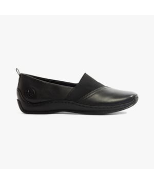 These casual slip-on shoes feature a leather upper, textile lining, and a lightweight RIRICON sole. Designed for comfort and breathability, ideal for everyday wear