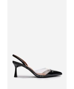 Make a bold statement with these Rose Clear Strap Slingback Heels, featuring a sleek pointed toe and transparent panel detail. The modern mix of Patent faux leather and clear PVC creates a striking silhouette perfect for parties, evenings out, or special occasions. A mid-height heel adds elegant lift while ensuring all-day comfort and wearability. Key Features: • Material: Patent faux leather and transparent PVC upper • Design: Pointed toe with clear panel and angled mid-heel • Closure: Slip-on slingback strap for a secure fit