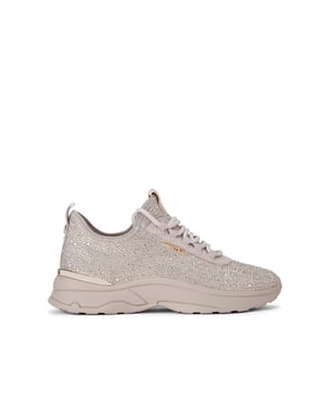 This Carvela Swift Jewel Runner trainer features a taupe fabric upper with gold crystal embellishment. The front laces up with gold tone branding on the eye stay.