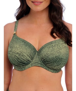 Fantasie Maya Bay Full Cup Bikini Top. Underwired swimwear top with gathered wrap detail in front, full coverage, adjustable straps and powernet lined wings for support and anchorage. This product is hand wash only.