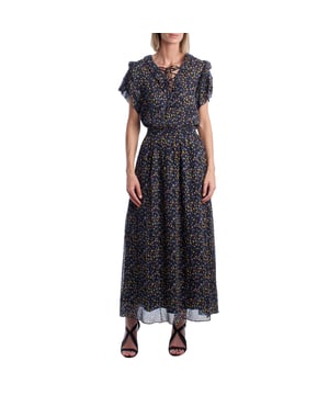 Long dress with a bow neckline and ruffles.\n\n This long Zadig & Voltaire dress stands out for its fluid drape and delicate floral print that brings freshness and movement. The design features a crisscross bow neckline and ruffles that frame the neck, giving it a feminine and relaxed feel. The subtly flared sleeves and elastic waist enhance the silhouette without sacrificing comfort.\n\n Made from lightweight, semi-sheer fabric, it features an inner lining for greater coverage and comfort. Its design is ideal for summer days, informal events, or relaxed looks with a sophisticated touch.\n\n Details:\n - Length: Maxi.\n - Neck: Neckline with adjustable bow.\n - Sleeve: Short with flare.\n - Print: Floral.\n - Waist: Elastic.\n - Inner lining: Yes.\n\n Zadig & Voltaire creates this charming long dress that balances romance and casualness, ideal for those seeking effortless elegance in their everyday life.\n Composition: 100% Viscose\n Care:\nMachine wash on a delicate cycle. Do not bleach. Do not tumble dry. Iron at low temperature if necessary.