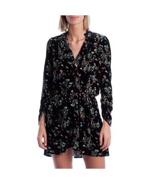 Zadig & Voltaire short velvet dress with floral print.\n\n Zadig & Voltaire presents this short velvet dress with a relaxed design and a fluid silhouette. The soft fabric gives a luxurious feel, while the floral print adds a romantic and sophisticated touch. The gathered waist flatters the figure, and the long sleeves with structured cuffs complete a versatile and refined look.\n\n A short dress ideal for standing out on special occasions or elevating an everyday look with a feminine and distinguished touch.\n\n Details:\n Type of garment: Short dress.\n Material: Velvet with fluid drape.\n Style: Long sleeve, V-neck, gathered waist.\n Print: All-over floral.\n Closure: Button on the neckline.\n\n This Zadig & Voltaire dress combines comfort and sophistication in a single piece. A timeless and distinctive choice that adapts to multiple occasions, always standing out with elegance and its own style.\n Composition: 80% Viscose, 20% Silk\n Care:\nMachine wash on a delicate cycle.\n Do not use bleach.\n Do not tumble dry. Iron at low temperature if necessary.