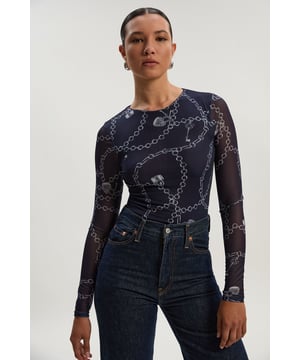 Petite Long Sleeved Chain Print Mesh Bodysuit