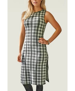 Elegant Shades of Grey Bold Check Dress, Knee Length, Sleeveless, Crew Neck
Lightweight Stretch Jersey
Sizing is as expected
Length:40" Shoulder to Hem.