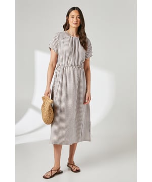 Crafted from breathable cotton fabric with a classic stripe pattern
        Elegant gathered waist creates a flattering silhouette
        Versatile midi length perfect for day-to-evening transitions
        Feminine crew neckline with subtle gathering detail
        Short sleeves with relaxed fit for comfortable warm-weather wear
    
    This effortlessly chic striped midi dress combines comfort and style for your everyday wardrobe. The gathered waist creates definition while maintaining a relaxed feel, perfect for casual daytime events. Style with flat sandals and a woven bag for farmers' markets or weekend brunches, or dress it up with espadrille wedges for garden parties. The breathable cotton construction makes it ideal for warm weather outings, family gatherings, or holiday sightseeing. For cooler evenings, layer with a lightweight denim jacket and add simple gold jewellery to complete the look. The versatile design works beautifully for casual office settings when paired with a structured blazer and ankle boots, offering endless styling possibilities throughout the seasons.