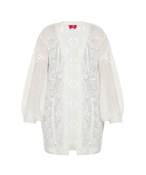Wir stellen Ihnen unsere neueste Ergänzung Ihrer Herbstgarderobe vor – eine Strickjacke mit einem einzigartigen strukturierten und gemusterten Design. Dieses gemütliche Stück verfügt über Rippstrickdetails an der vorderen Öffnung, am unteren Saum und an den Ärmelbündchen. Die Kombination aus Zopfmuster und Pointelle-Technik verleiht dem femininen Gesamtbild eine zarte Note. Mit seiner lockeren Passform, der überschnittenen Schulterpartie und den beiden langen Ärmeln strahlt dieser Cardigan-Stil auch Komfort aus.  Strickjacke