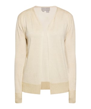 Betonen Sie Ihren Stil mit dieser offenen Strickjacke im Metallic-Look, einer schicken Ergänzung für jede Garderobe. Es ist aus feinem Strickstoff gefertigt und bietet Wärme und Komfort. Mit langen Ärmeln und glänzendem Finish ist dieser elegante Cardigan perfekt, um Ihr Outfit mühelos aufzuwerten.  Strickjacke