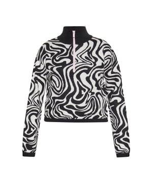 Eine faszinierende Ergänzung für Ihren Kleiderschrank – ein hochgeschlossener Pullover mit einem interessanten Muster. Dieser verkürzte Pullover besticht durch lange Ärmel und einen teilweisen Reißverschluss am Kragen. Das abstrakte, wirbelnde Design wird regelmäßig wiederholt und erzeugt eine ansprechende visuelle Wirkung. Die Bündchen und der Bund passen harmonisch zusammen und verleihen eine Note von Raffinesse. Hergestellt aus weichem und flexiblem Stoff garantiert dieser Pullover sowohl Komfort als auch Stil.  Pullover