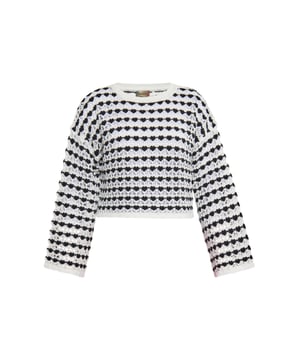 Wir stellen einen stilvollen, kurzen Pullover mit einem einzigartig strukturierten Strickmuster vor. Dieses Stück hat einen Rundhalsausschnitt und lange Ärmel. Das sich ständig wiederholende Motiv verleiht diesem lässig-modischen Kleidungsstück einen Hauch von Besonderheit.  Pullover